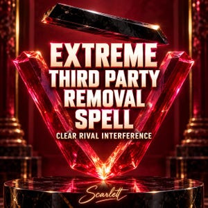 Könnte beinhalten: Eine V-förmige rote Kristallstruktur mit einem schwarzen Kristallbalken oben. Der Text lautet EXTREME THIRD PARTY REMOVAL SPELL CLEAR RIVAL INTERFERENCE in weißer und goldener Schrift. Der Name Scarlett steht unten in Schreibschrift.