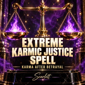 May include: A gold scale of justice with purple flames in each bowl, set against a dark purple background. The text reads EXTREME KARMIC JUSTICE SPELL, KARMA AFTER BETRAYAL, and the name Scarlett in a script font on a black marble base.