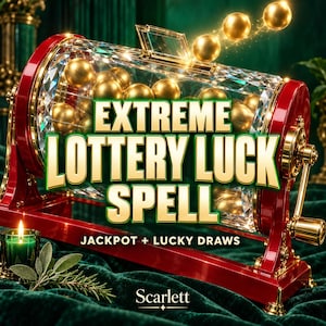 Könnte beinhalten: Eine rote und durchsichtige Lostrommel gefüllt mit goldenen Kugeln, mit dem Text EXTREME LOTTERY LUCK SPELL und JACKPOT + LUCKY DRAWS. Eine grüne Kerze und Salbeizweige sind daneben platziert, mit dem Namen Scarlett am unteren Rand.
