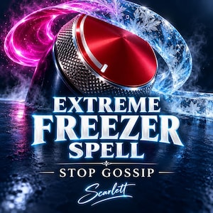 May include: A red and black circular dial knob with a textured side, surrounded by a glowing pink and blue icy ribbon with snowflake patterns. The text reads EXTREME FREEZER SPELL, STOP GOSSIP, and the name Scarlett in a cursive script font.