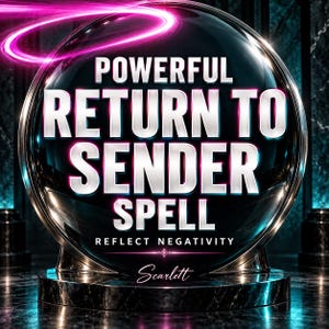 Puede incluir: Una gran esfera de cristal descansa sobre una base de mármol oscuro. El texto "POWERFUL RETURN TO SENDER SPELL" aparece en letras blancas en negrita, con "REFLECT NEGATIVITY" debajo. Un anillo de neón rosa brillante rodea la parte superior y el nombre "Scarlett" está escrito en cursiva en la parte inferior.