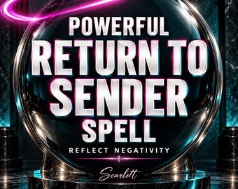 May include: A large, spherical glass orb sits on a dark marble base. The text "POWERFUL RETURN TO SENDER SPELL" appears in bold white letters, with "REFLECT NEGATIVITY" below it. A glowing pink neon ring encircles the top, and the name "Scarlett" is written in cursive at the bottom.