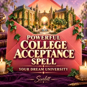 Puede incluir: Un sobre de color coral con una ilustración de un edificio universitario de piedra con hiedra y una fuente. El texto dice: POWERFUL COLLEGE ACCEPTANCE SPELL, YOUR DREAM UNIVERSITY y Scarlett. El diseño incluye enredaderas de hiedra verde.