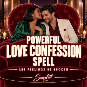 Op de afbeelding: Een digitale afbeelding van een koppel zittend op een grote, gecapitonneerde rode fluwelen stoel. De tekst luidt POWERFUL LOVE CONFESSION SPELL, LET FEELINGS BE SPOKEN en Scarlett. De vrouw draagt een groen satijnen topje en de man een crèmekleurige blazer.