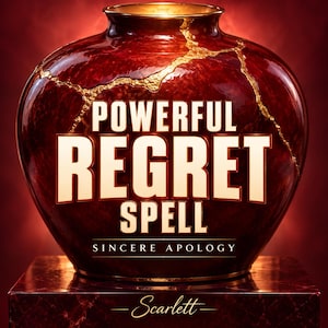 Könnte beinhalten: Eine tiefrote, bauchige Vase mit goldfarbenen Rissen auf der Oberfläche. Der Text "POWERFUL REGRET SPELL" erscheint in großen weißen Buchstaben, gefolgt von "SINCERE APOLOGY" und dem Namen "Scarlett" in Schreibschrift am unteren Rand.