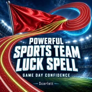 May include: A digital graphic featuring a red flag attached to a pole, transitioning into a red running track that loops into an infinity symbol. The text reads POWERFUL SPORTS TEAM LUCK SPELL, GAME DAY CONFIDENCE, and Scarlett, set against a stadium.