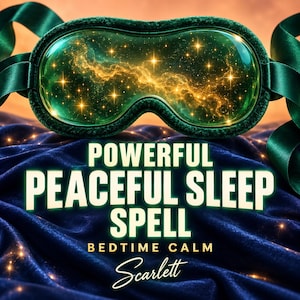 Op de afbeelding: Een donkergroen slaapmasker met een glanzend oppervlak met een gloeiend gouden nevel- en sterrenpatroon. De tekst luidt POWERFUL PEACEFUL SLEEP SPELL BEDTIME CALM Scarlett. Het masker heeft donkergroene satijnen linten op een donkerblauwe stof.