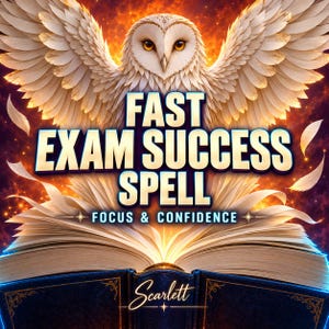 May include: A graphic illustration featuring a white barn owl with spread wings positioned above an open book. The text reads FAST EXAM SUCCESS SPELL, FOCUS & CONFIDENCE, and Scarlett. The background displays a vibrant orange and yellow glow.