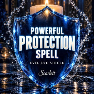 Könnte beinhalten: Ein blaues, schildförmiges Emblem mit dem Text POWERFUL PROTECTION SPELL, EVIL EYE SHIELD und Scarlett. Der Schild ist von spritzenden Wassertropfen umgeben und wird von einer hellen Lichtquelle hinter der oberen Kante beleuchtet.