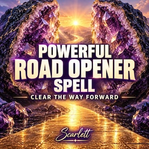 May include: A digital graphic featuring two large, jagged purple amethyst geodes framing a golden path leading toward a sunrise. The text reads POWERFUL ROAD OPENER SPELL, CLEAR THE WAY FORWARD, and the name Scarlett in a cursive script at the bottom.