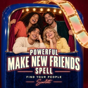 May include: A blue, illuminated booth frame with a film strip arch, featuring four smiling people. Text reads: POWERFUL MAKE NEW FRIENDS SPELL, FIND YOUR PEOPLE, Scarlett. The structure includes red velvet curtains and small round light bulbs along the top.