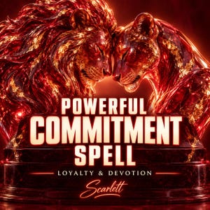 May include: A digital graphic featuring two lions with glowing red and gold fur touching heads. Below them, a dark red pedestal displays the text: POWERFUL COMMITMENT SPELL, LOYALTY & DEVOTION, and the signature Scarlett in a cursive white font.