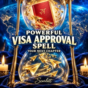 May include: A gold hourglass containing a red passport with an aeroplane icon and numerous gold paper aeroplanes. The text reads POWERFUL VISA APPROVAL SPELL YOUR NEXT CHAPTER and Scarlett. Two lit candles sit on either side of the hourglass.