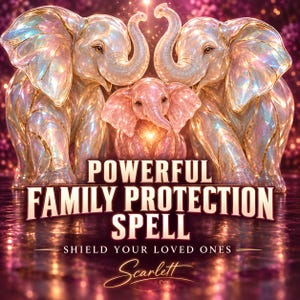 Pode incluir: Dois grandes elefantes iridescentes estão ao lado de um elefante rosa menor. O texto diz: POWERFUL FAMILY PROTECTION SPELL, SHIELD YOUR LOVED ONES e Scarlett. O fundo é rosa escuro brilhante com efeitos de luz cintilantes.