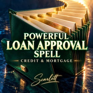 Peut inclure: Un porte-documents accordéon vert foncé avec des inserts en papier aux bords dorés. Le texte indique POWERFUL LOAN APPROVAL SPELL CREDIT & MORTGAGE et le nom Scarlett en écriture cursive. Le dossier possède un fermoir doré et une finition texturée.