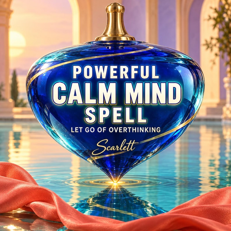 May include: A cobalt blue glass vessel with a gold-toned stopper, featuring the white text "POWERFUL CALM MIND SPELL", "LET GO OF OVERTHINKING", and the signature "Scarlett" in gold script, positioned above a pool of water with a coral fabric.