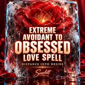 Könnte beinhalten: Eine tiefrote Blume in einem Block aus schmelzendem Eis. Der Text lautet: EXTREME AVOIDANT TO OBSESSED LOVE SPELL, DISTANCE INTO DESIRE und Scarlett. Die Komposition zeigt Wassertropfen, funkelnde Eisstrukturen und einen dunkelroten Hintergrund.