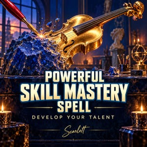 Op de afbeelding: Een gouden viool die uit een grillige blauwe rots tevoorschijn komt, geraakt door een veer met een rode punt. De tekst luidt POWERFUL SKILL MASTERY SPELL, DEVELOP YOUR TALENT en Scarlett. Twee brandende kaarsen staan op de voorgrond.