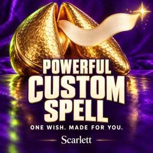 May include: A golden, textured fortune cookie shape with a white ribbon and a star icon. The text reads: POWERFUL CUSTOM SPELL, ONE WISH. MADE FOR YOU., and Scarlett. The background is a deep purple with a reflective surface and glowing light effects.