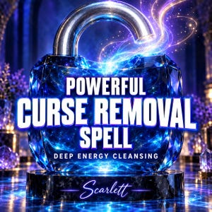 Puede incluir: Un candado de cristal azul facetado con un arco metálico, que presenta el texto blanco POWERFUL CURSE REMOVAL SPELL, DEEP ENERGY CLEANSING y el nombre Scarlett sobre una base negra, rodeado de luz azul brillante y remolinos de energía.
