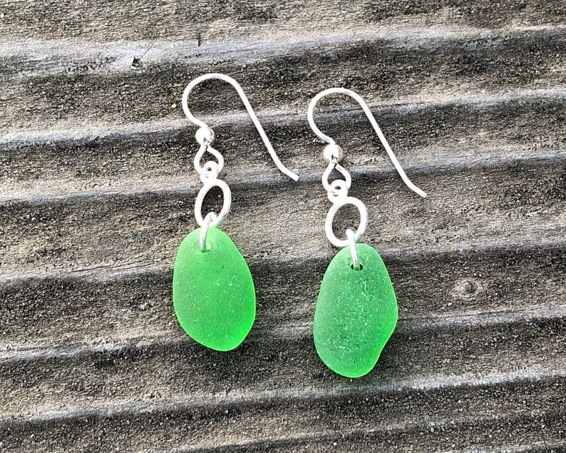 Green Sea Glass Dangle Earrings With Sterling Silver
