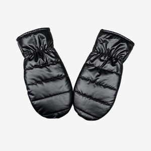 May include: A pair of black quilted mittens with a smooth, shiny finish. Each mitten features horizontal stitching across the main body and a gathered, elasticized cuff at the wrist to ensure a snug fit around the hand and forearm area.