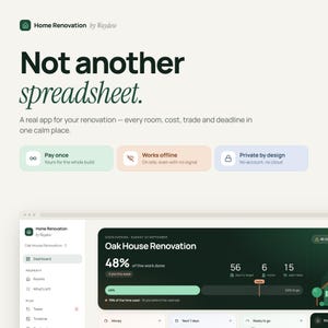 Può includere: Un'interfaccia digitale per l'app Home Renovation di Waydew, dotata di una dashboard per il monitoraggio dei progressi di Oak House Renovation, che mostra il 48 percento del lavoro completato, 56 giorni al traguardo, 6 stanze e 15 attività aperte.