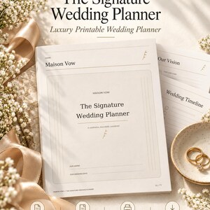 Op de afbeelding: Een witte trouwplanner getiteld The Signature Wedding Planner van Maison Vow, met secties voor Our Vision en Wedding Timeline. De omslag bevat velden voor namen en data, met 77 printbare pagina's, US Letter en A4 formaten.