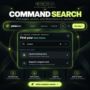Pu&ograve; includere: Un design di interfaccia digitale intitolato COMMAND SEARCH di PIXEL AURA MARKET. Presenta un tema scuro con accenti verde neon, una barra di ricerca, una finestra di comando neurale con il testo Find your next move e quattro icone di azione.