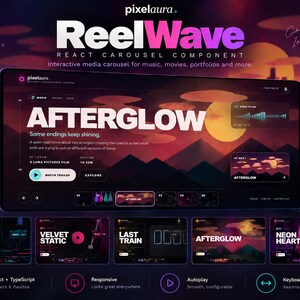 May include: A digital interface display titled ReelWave featuring a React carousel component. The screen shows a movie landing page for Afterglow with a sunset landscape, navigation buttons, a trailer link, and a bottom row of thumbnail previews.