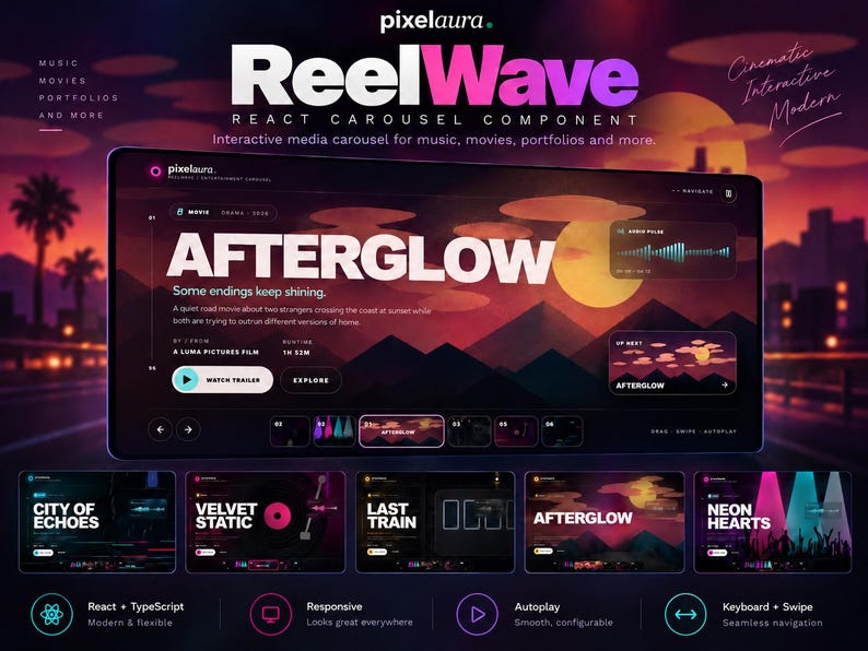 May include: A digital interface display titled ReelWave featuring a React carousel component. The screen shows a movie landing page for Afterglow with a sunset landscape, navigation buttons, a trailer link, and a bottom row of thumbnail previews.