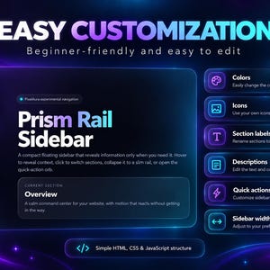 K&ouml;nnte beinhalten: Ein digitales Interface-Design mit dem Titel Prism Rail Sidebar in einer dunklen Glas-Optik mit leuchtenden violetten und blauen Akzenten. Das Layout umfasst eine vertikale Navigationsleiste, ein zentrales Informationsfeld und eine Liste von Anpassungsoptionen f&uuml;r Farben, Symbole, Abschnittsbezeichnungen, Beschreibungen, Schnellaktionen und die Breite der Seitenleiste.