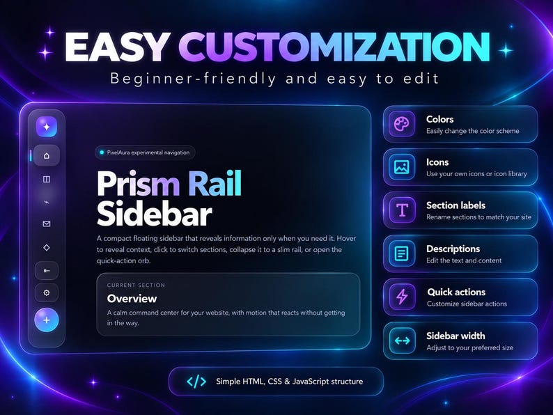K&ouml;nnte beinhalten: Ein digitales Interface-Design mit dem Titel Prism Rail Sidebar in einer dunklen Glas-Optik mit leuchtenden violetten und blauen Akzenten. Das Layout umfasst eine vertikale Navigationsleiste, ein zentrales Informationsfeld und eine Liste von Anpassungsoptionen f&uuml;r Farben, Symbole, Abschnittsbezeichnungen, Beschreibungen, Schnellaktionen und die Breite der Seitenleiste.