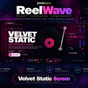 May include: A digital interface for the ReelWave React carousel component featuring a dark theme with neon pink and purple accents. The screen displays a vinyl record player graphic, the text Velvet Static, audio pulse visualisations, and navigation controls.