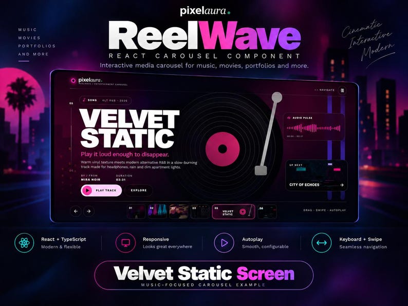 May include: A digital interface for the ReelWave React carousel component featuring a dark theme with neon pink and purple accents. The screen displays a vinyl record player graphic, the text Velvet Static, audio pulse visualisations, and navigation controls.