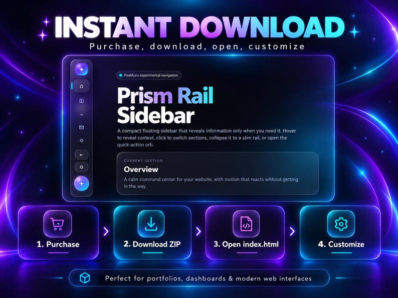 K&ouml;nnte beinhalten: Eine digitale Grafik, die das Prism Rail Sidebar Interface mit dunklem Hintergrund, neonblauen und violetten Lichteffekten sowie Texten wie INSTANT DOWNLOAD, Purchase, Download ZIP, Open index.html und Customize zeigt.