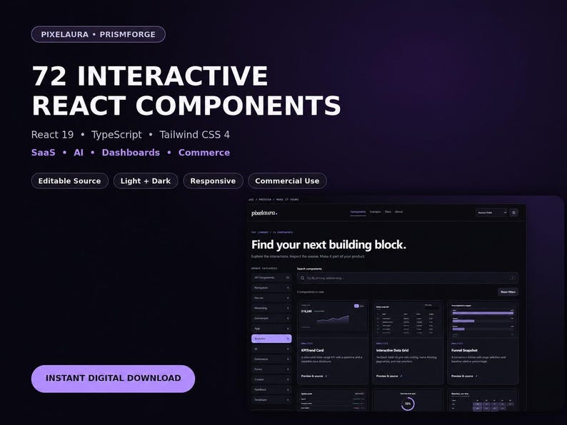 React UI Kit | 72 Interactive Components | TypeScript + Tailwind CSS | PrismForge image 1