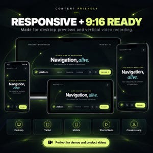 Pu&ograve; includere: Un'interfaccia digitale con il testo CONTENT FRIENDLY, RESPONSIVE + 9:16 READY e Navigation, alive. Il layout mostra un monitor desktop, un tablet e due smartphone con un tema scuro e accenti verde neon.
