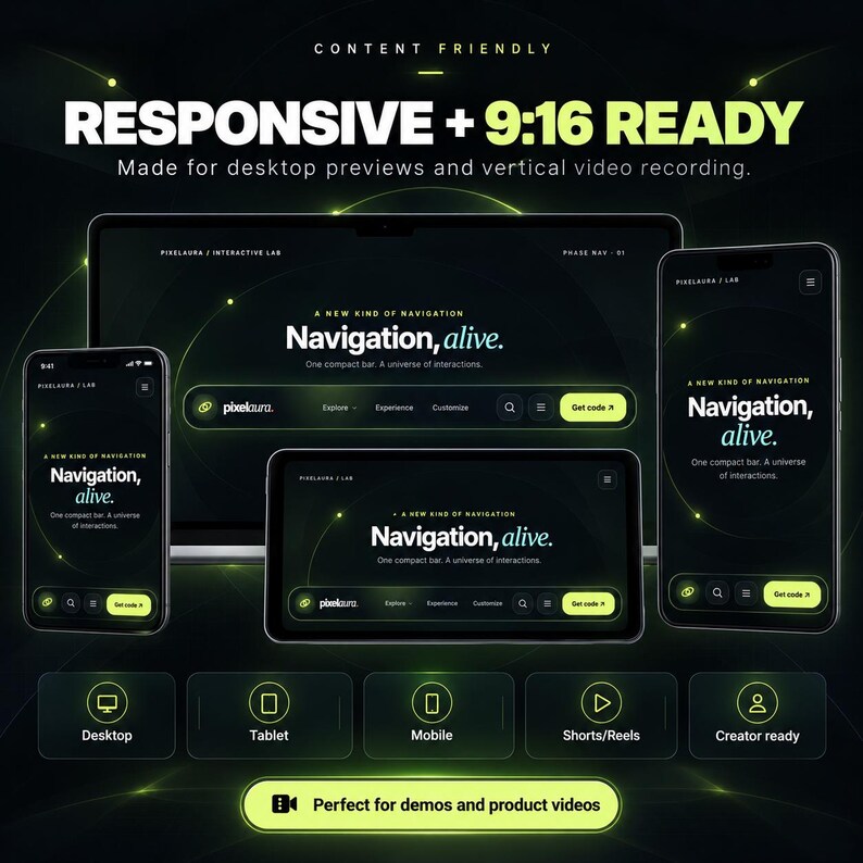 Pu&ograve; includere: Un'interfaccia digitale con il testo CONTENT FRIENDLY, RESPONSIVE + 9:16 READY e Navigation, alive. Il layout mostra un monitor desktop, un tablet e due smartphone con un tema scuro e accenti verde neon.