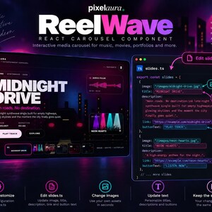 May include: A digital interface display for the ReelWave React carousel component, featuring a dark theme with neon pink and blue accents. The layout shows a music player interface alongside a code snippet file named slides.ts with editable fields.