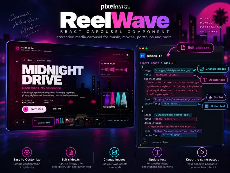 May include: A digital interface display for the ReelWave React carousel component, featuring a dark theme with neon pink and blue accents. The layout shows a music player interface alongside a code snippet file named slides.ts with editable fields.