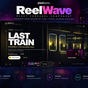 May include: A digital interface display titled ReelWave, a React carousel component. The screen shows a movie card for Last Train with a trailer pulse waveform, a vinyl record graphic for Velvet Static, and navigation controls on a dark background.