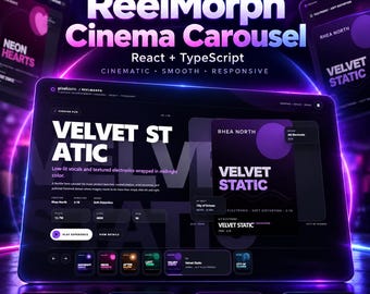 May include: A digital interface display titled ReelMorph Cinema Carousel featuring React and TypeScript. The screen shows a music player layout with the text Velvet Static, artist Rhea North, and various interactive buttons and navigation icons.