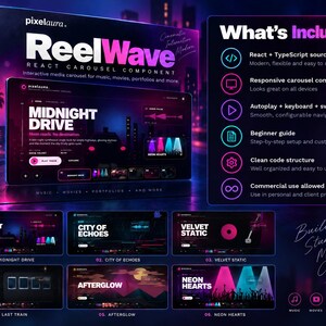 May include: A digital product box for ReelWave React Carousel Component featuring a dark theme with neon pink and blue accents. The display shows a media player interface with text including Midnight Drive, City of Echoes, and Neon Hearts.