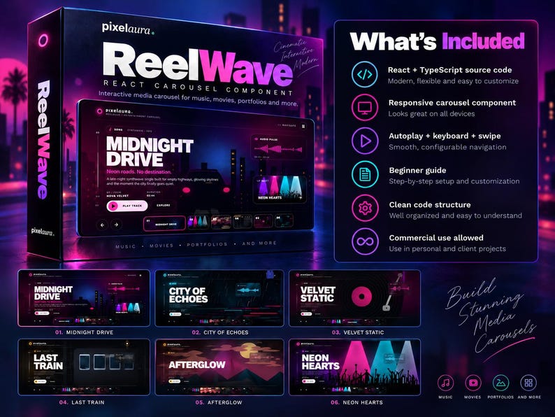 May include: A digital product box for ReelWave React Carousel Component featuring a dark theme with neon pink and blue accents. The display shows a media player interface with text including Midnight Drive, City of Echoes, and Neon Hearts.