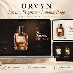 以下が含まれることがあります： Orvynという高級フレグランスブランドのデジタルウェブサイトテンプレート。ノートパソコンと2台のタブレットに表示されています。画面には琥珀色の香水瓶、ダークブラウンの背景、Skin, Smoke, MemoryやWarm skin, Black teaといったテキストがデザインされています。
