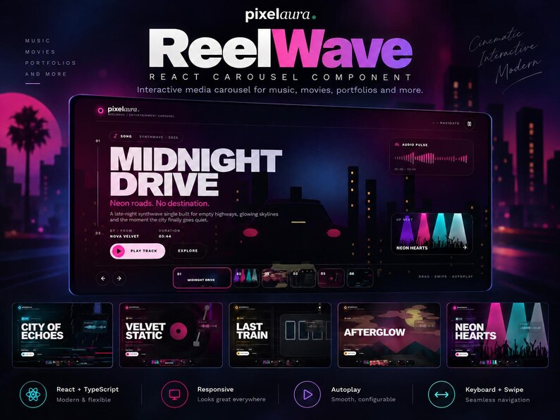 May include: A digital interface display titled ReelWave featuring a dark theme with neon pink and blue accents. The screen shows a music carousel component with text Midnight Drive, audio pulse graphics, and navigation controls for media playback.