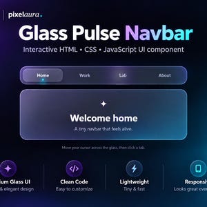 Peut inclure: Une interface numérique intitulée Glass Pulse Navbar présentant des composants d'interface utilisateur interactifs en HTML, CSS et JavaScript. La mise en page comprend une barre de navigation avec les onglets Home, Work, Lab et About, une zone de bienvenue centrale et quatre icônes circulaires.
