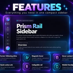 K&ouml;nnte beinhalten: Eine digitale Benutzeroberfl&auml;che mit dem Titel Prism Rail Sidebar auf dunklem Hintergrund mit leuchtenden violetten und blauen Neonakzenten. Das Layout umfasst eine vertikale Navigationsleiste, ein zentrales &Uuml;bersichtspanel und sechs Funktionsfelder.