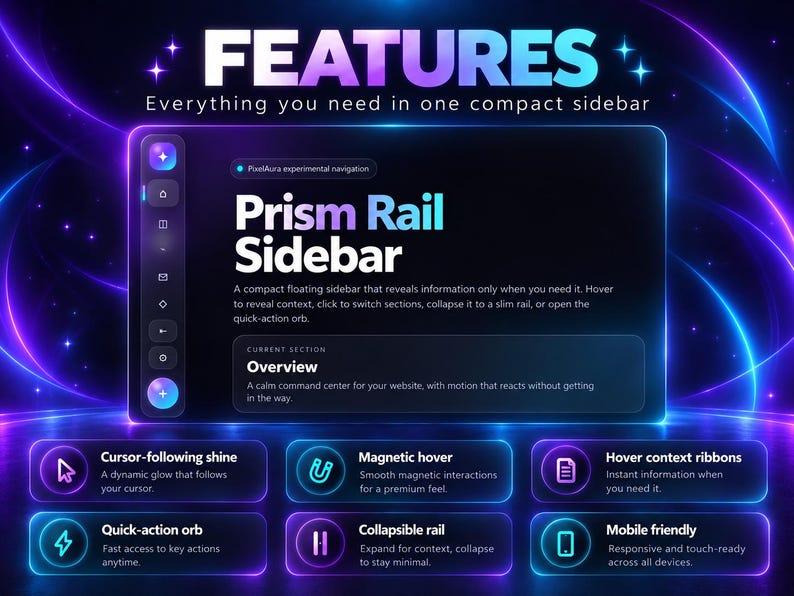K&ouml;nnte beinhalten: Eine digitale Benutzeroberfl&auml;che mit dem Titel Prism Rail Sidebar auf dunklem Hintergrund mit leuchtenden violetten und blauen Neonakzenten. Das Layout umfasst eine vertikale Navigationsleiste, ein zentrales &Uuml;bersichtspanel und sechs Funktionsfelder.